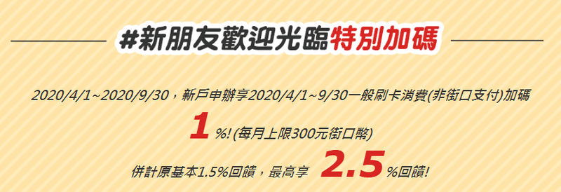 台新街口聯名信用卡新用戶加碼活動在非街口消費加碼1%