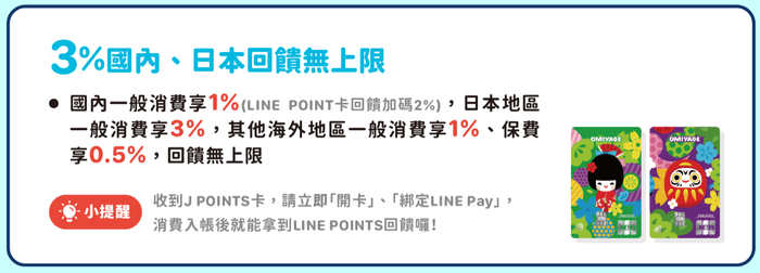 富邦J卡國內一般消費 3% Line points點數回饋無上限